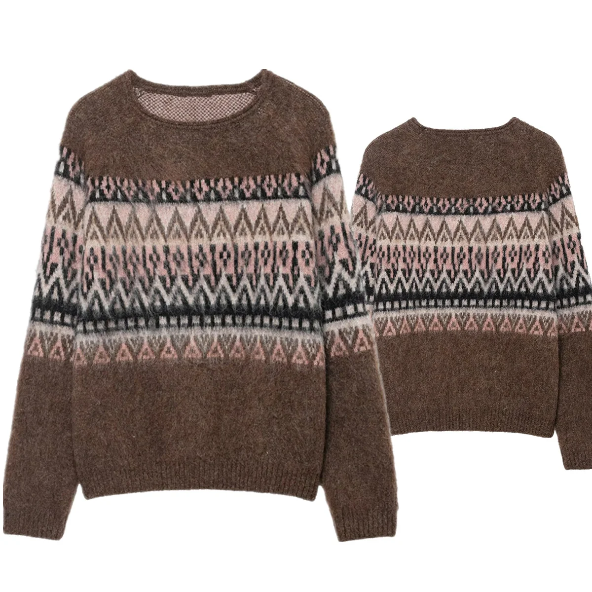 

Dave&Di скандинавский винтажный жаккардовый пуловер с геометрическим рисунком и круглым вырезом, женский свитер, женский пуловер, топы, трикотаж, женская одежда