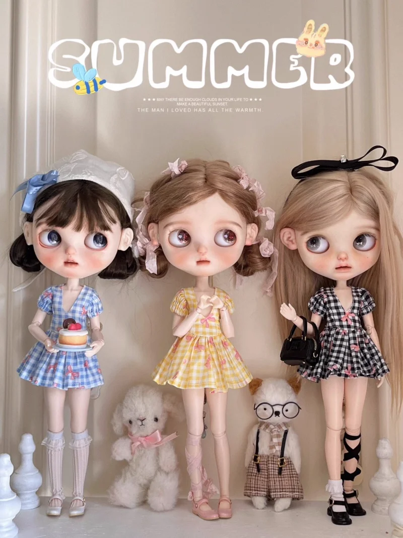 BJD doll clothes suitable for 1/6  Blythe size puffy sleeve bow plaid skirt doll accessories