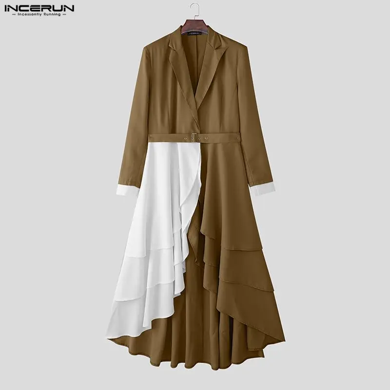 

INCERUN мужской длинный стильный пиджак с рюшами в стиле пэчворк, мужской костюм с цветными блоками, платье с поясом, уличная одежда, элегантные модные повседневные пальто для мужчин