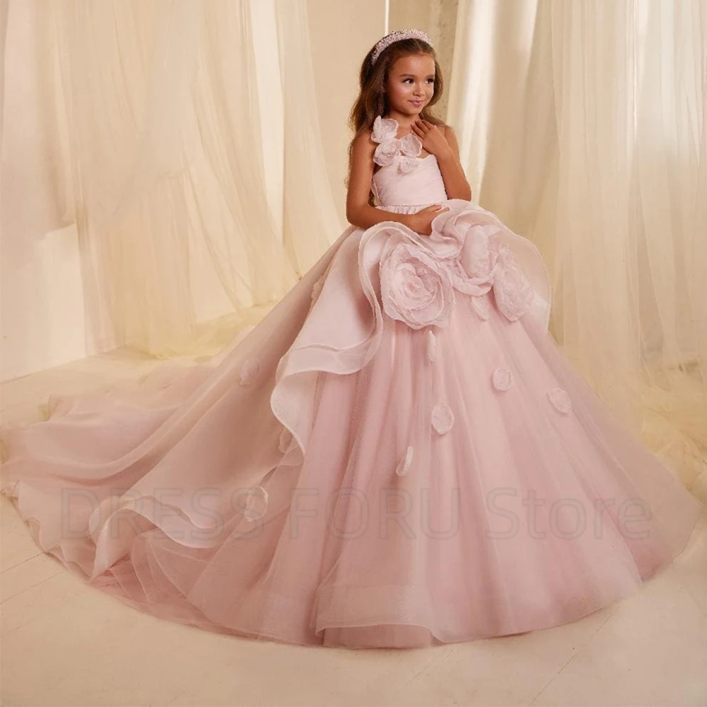 Exquisite Flower Girl Dress A-Line Floor Length with Pleat and Flowers Organza and Tulle Children Birthday Party Gowns Custom