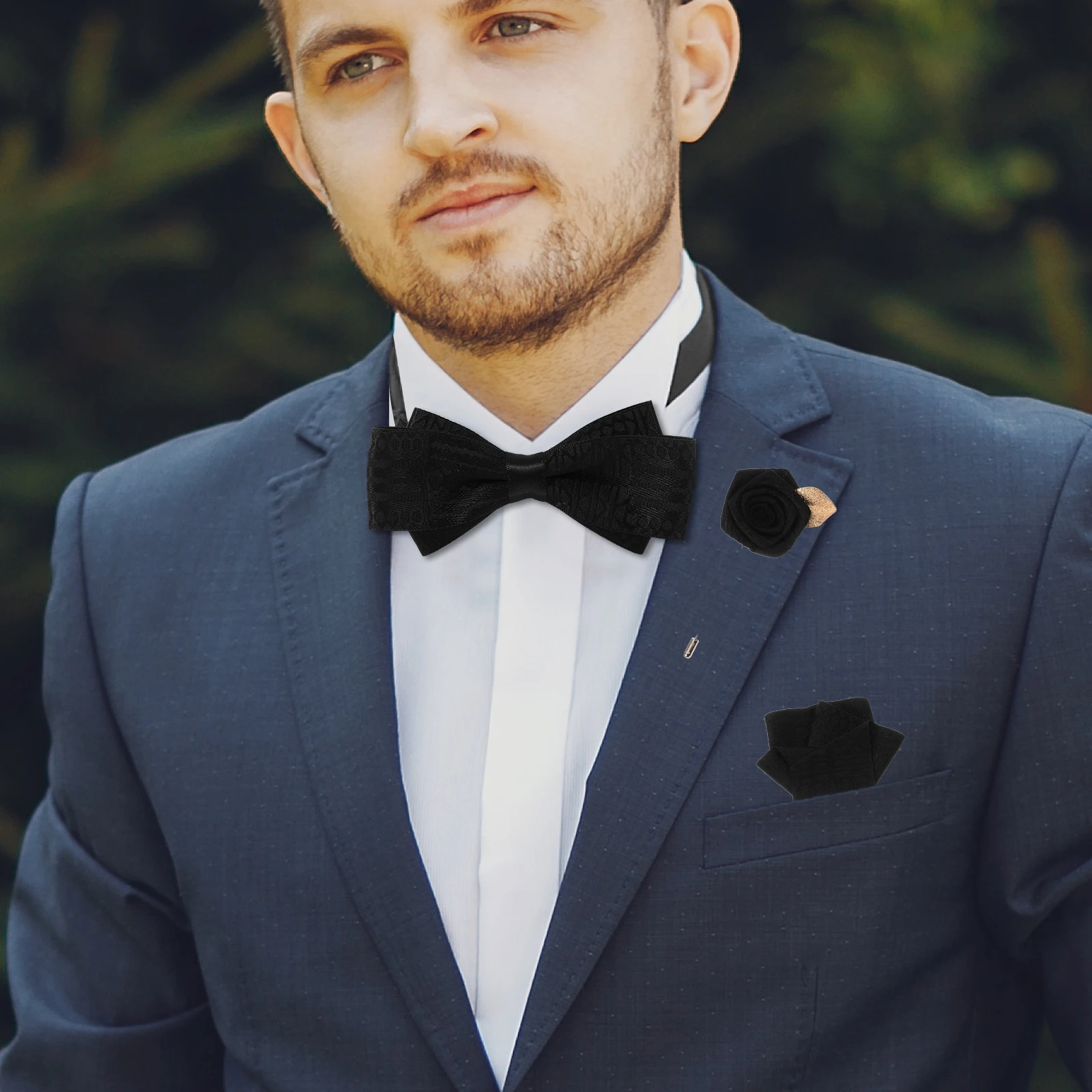 

Black Bow Lapel Cloth Bow Tie Pin Set for Men Tuxedo Shirt Brooch H kerchief Groom Accessories Suit Formal Decorative