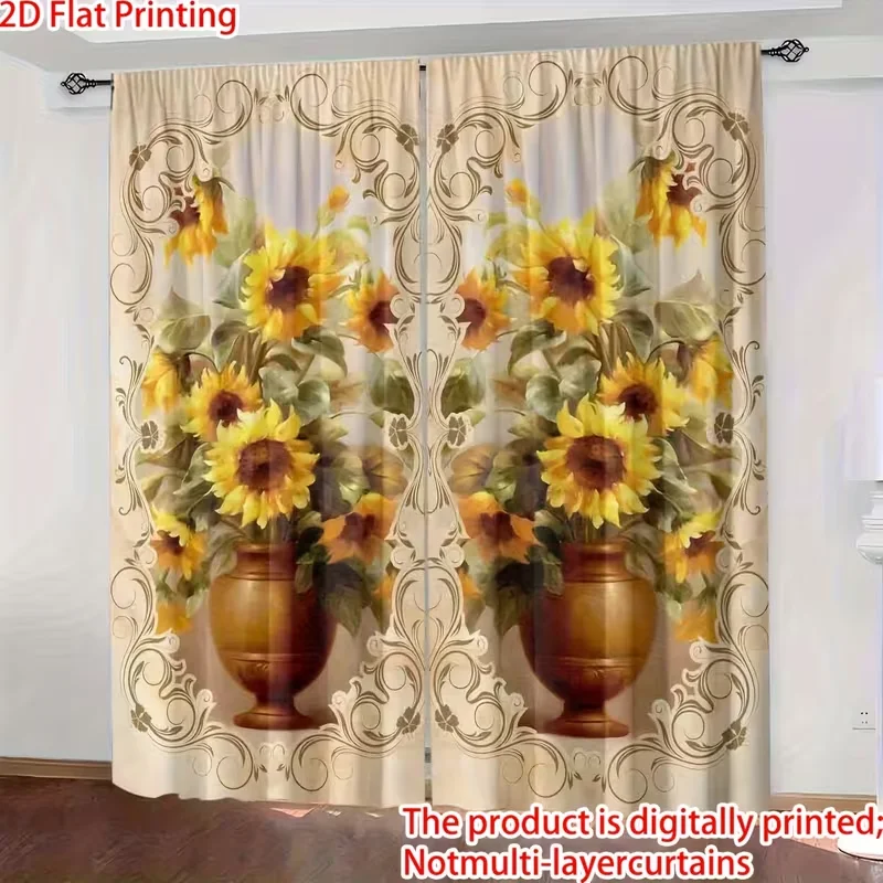 2pcs 2D Printed Definition Digital Floral Pattern Curtains Rod Pocket for Bedroom, Living Room, Office & Home Decor Curtains
