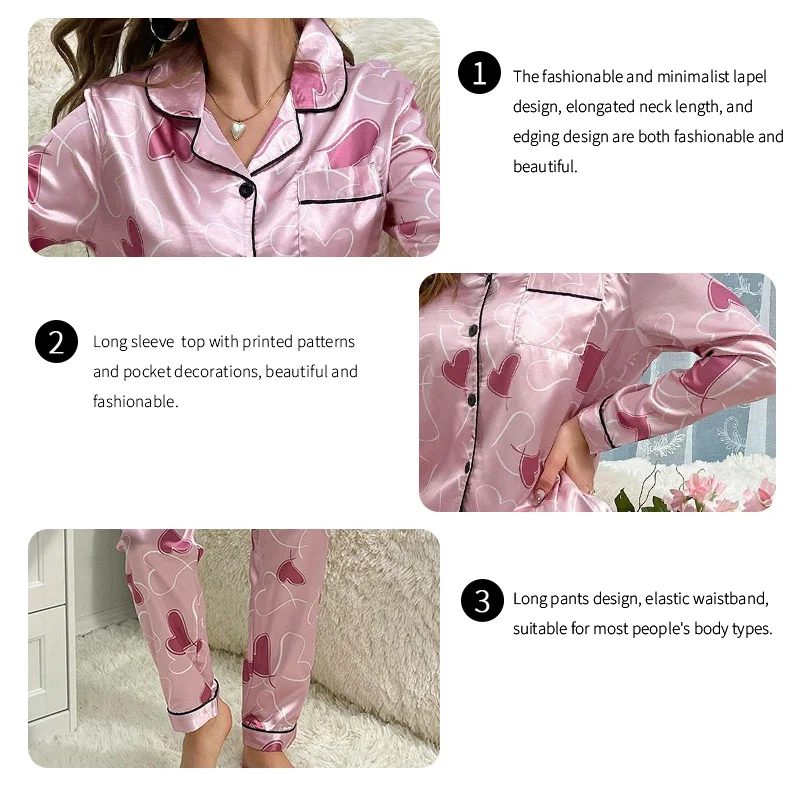 Satin Heart Print Pajama Set Autumn Long Sleeve Lapel Top with Pocket Elastic Waistband Pants for Women Sleepwear Home Clothing