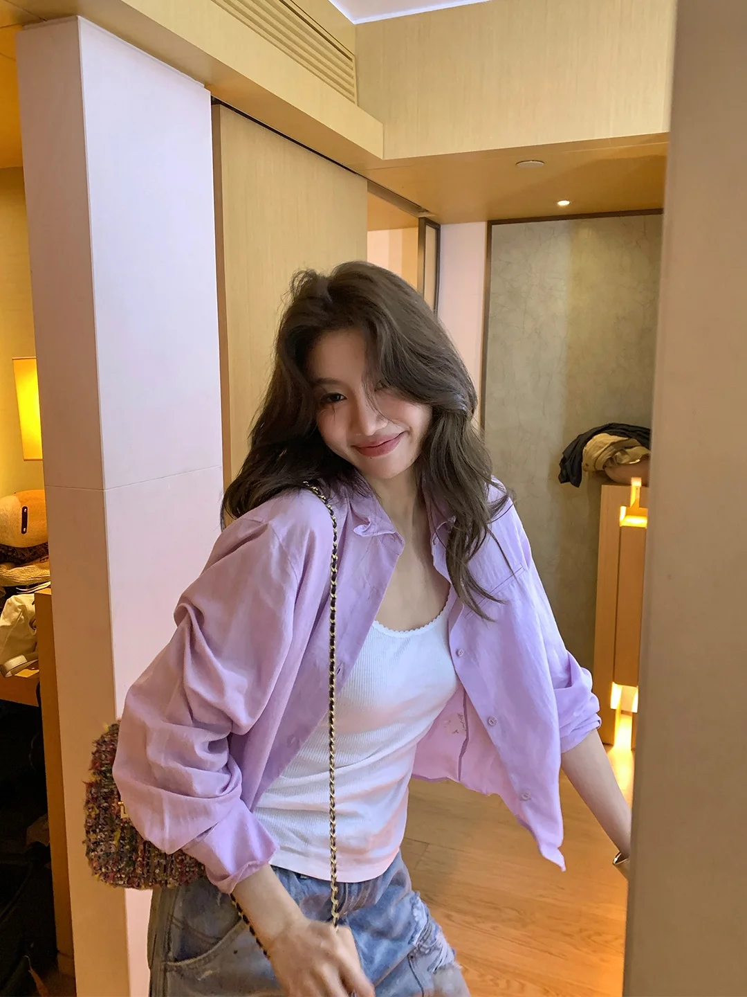 

Long Sleeve Short Woolen Shirt for Women Dragon Xi Er Pure Color Turn-down Collar Wool Blend Fashionable Spring Cardigan