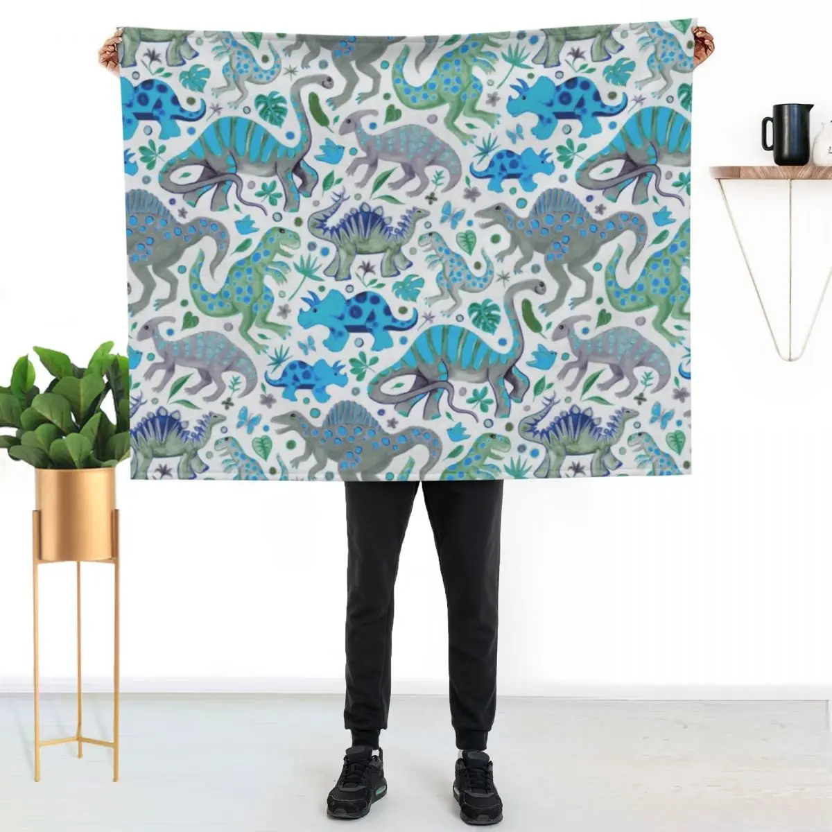 Happy Dinos in Blue and Green Throw Blanket Plaid Luxury Thicken Thermals For Travel Retros Camping Soft Beds Blankets