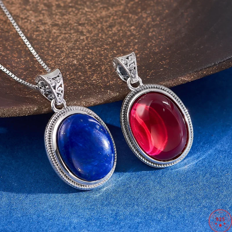 

S925 Sterling Silver Pendants for Women Retro Pattern Inlay Oval Red Corundum Lapis Lazuli Charm Fashion Jewelry Wholesale
