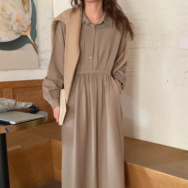 Autumn Women Tum-Down Dress Casual Harajuku Long Sleeve Slim Shirt Dresses Ladies Solid Buttons Pullover Vestidos Female