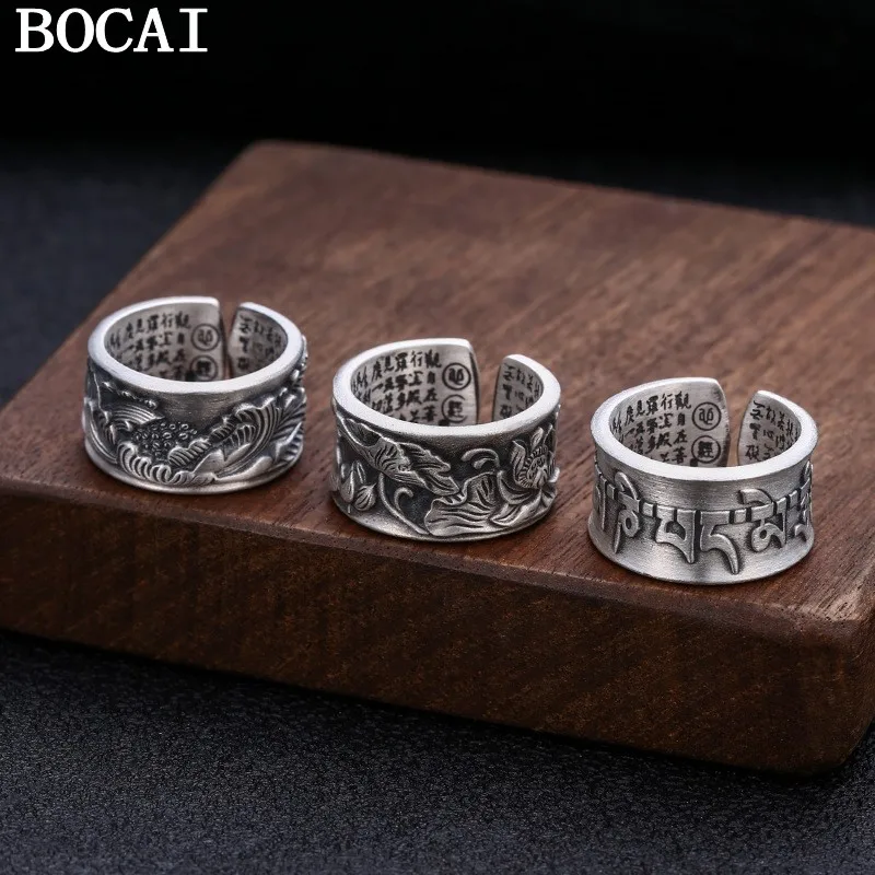 

BOCAI S999 Silver Jewelry Peony Flower Heart Sutra Good Luck Retro Personality Frosted Man and Woman Rings