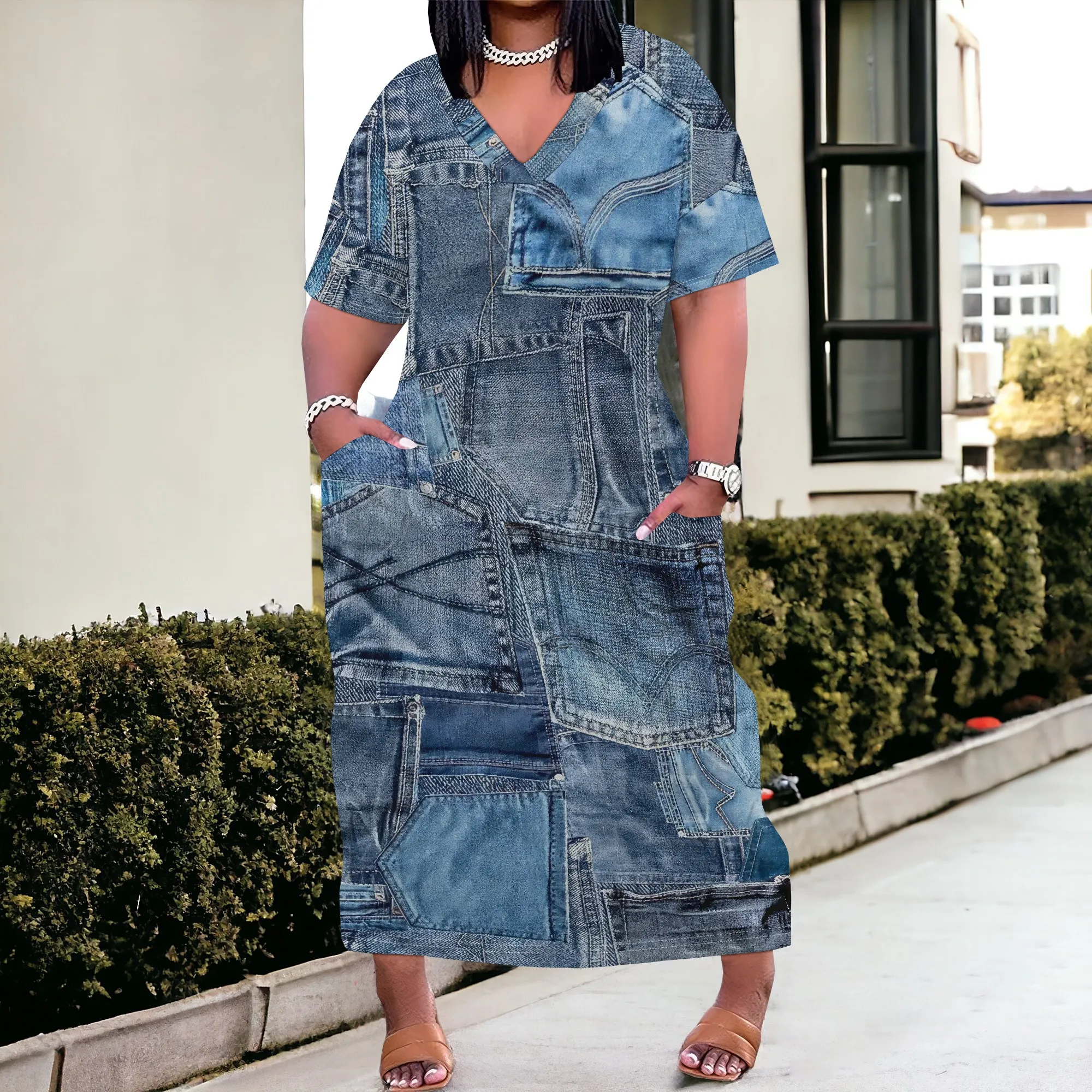 

SheFirstStyle Denim Patchwork Maxi Dress Women's Plus Size S-4XL Casual Dress with Pockets for Summer Vacation