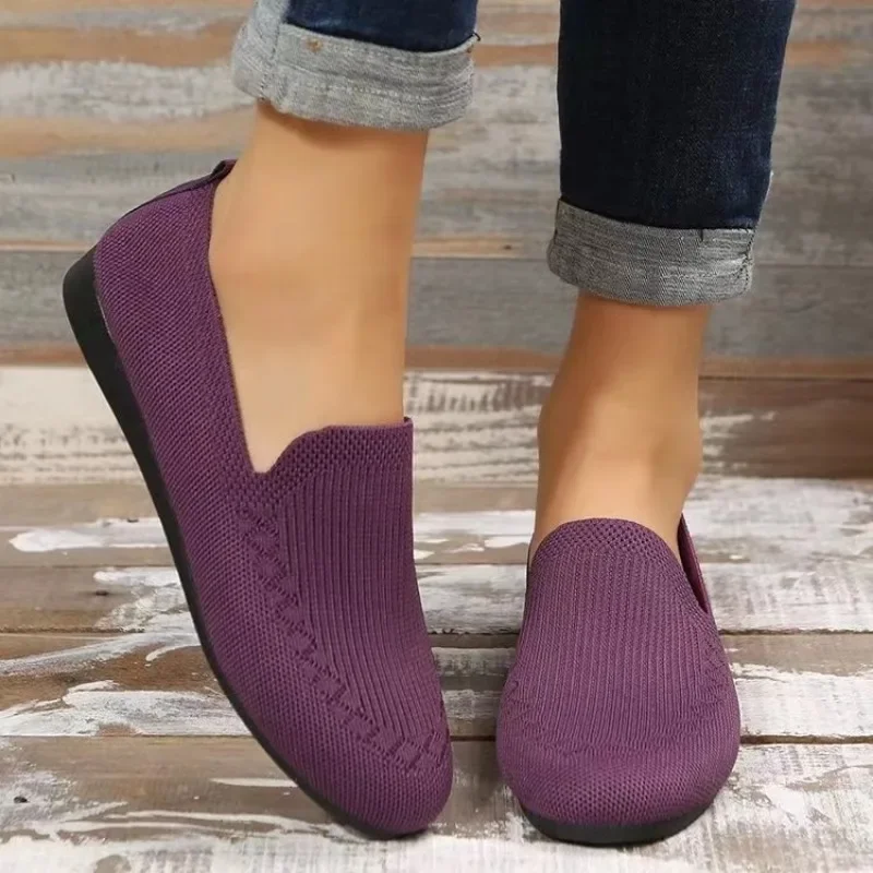 Mocassins deslizantes rasos femininos, sapatos de malha casual, respirável, tamanho grande, simples, cor sólida, novo, outono, 2022