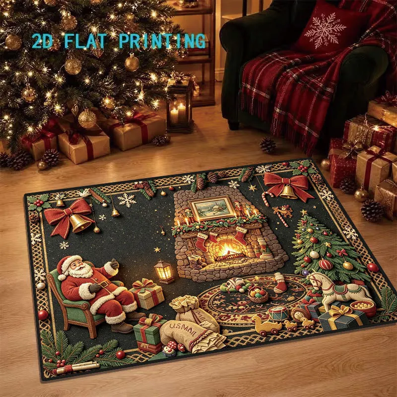 VIKAMA Christmas Fireplace Gifts Vintage Frame Door Mat Durable Non Slip Entryway Porch Living Room Patio Holiday Home Decor