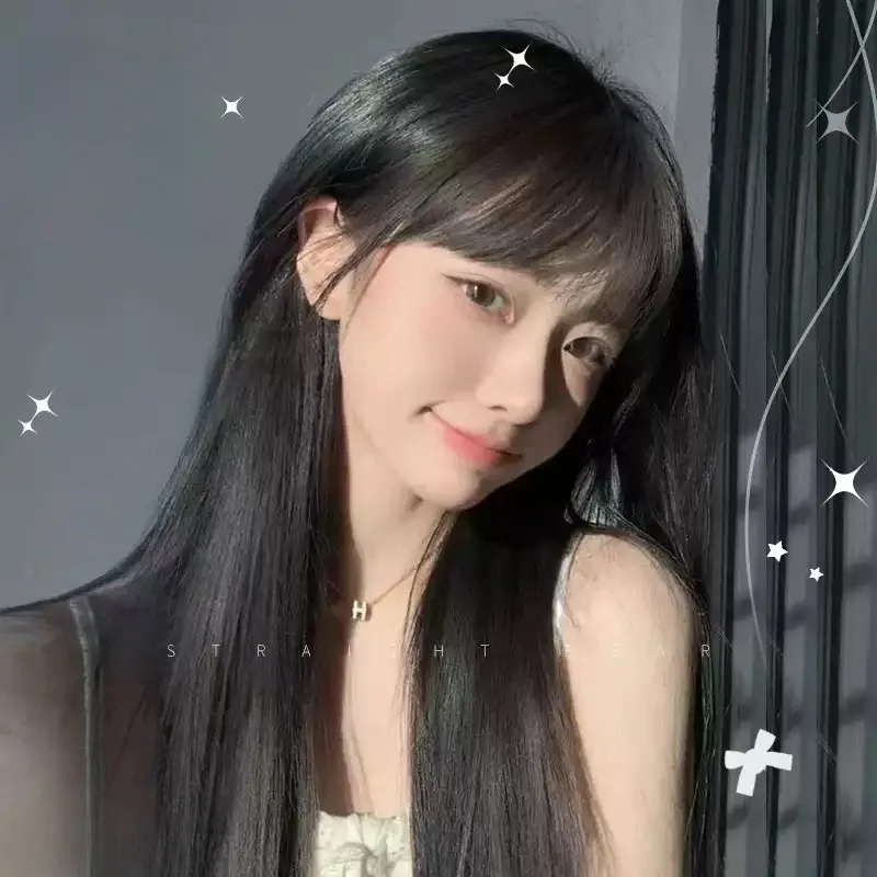 Sweet Realistic Korean Long Straight Full Wig with Airy Bangs Heat‑Resistant Synthetic Wig Silky Texture for Daily Looks Party
