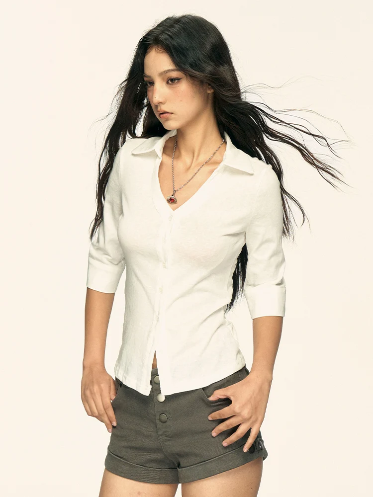 Aaisup White V-neck Button Five-Quarter Short Sleeve Slim Fit Shirt Women's 2025 Summer New Style Waist-Cinching Half Sleeve ...