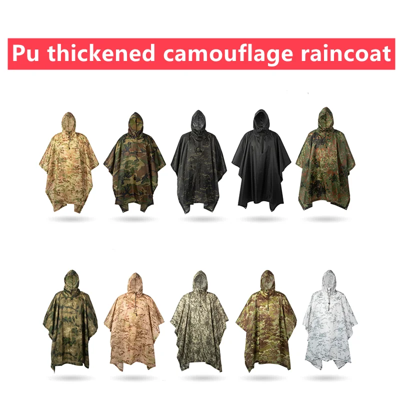 Outdoor Military Poncho 210T + PU Army War Tactical płaszcz przeciwdeszczowy strój maskujący Ghillie na polowanie obserwacja ptaków parasol sprzęt