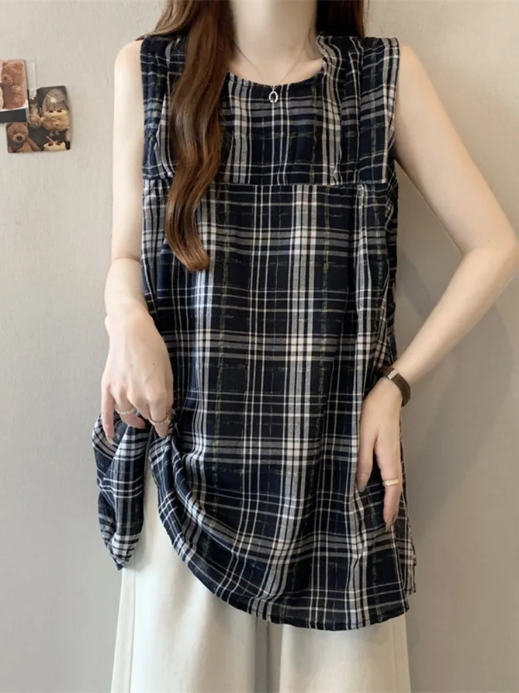 

Korean Sle Vintage Plaid Strap Vest Loose Women's Summer plus Size Svel High-End Feeling irt Top Outerwear