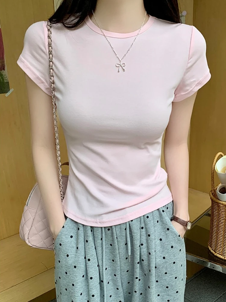 Sexy Hot Girl Y2K Top Pink Cotton O-Neck Women T Shirt Slim Short Sleeve 2026 Summer Solid Color Casual Versatile Tee