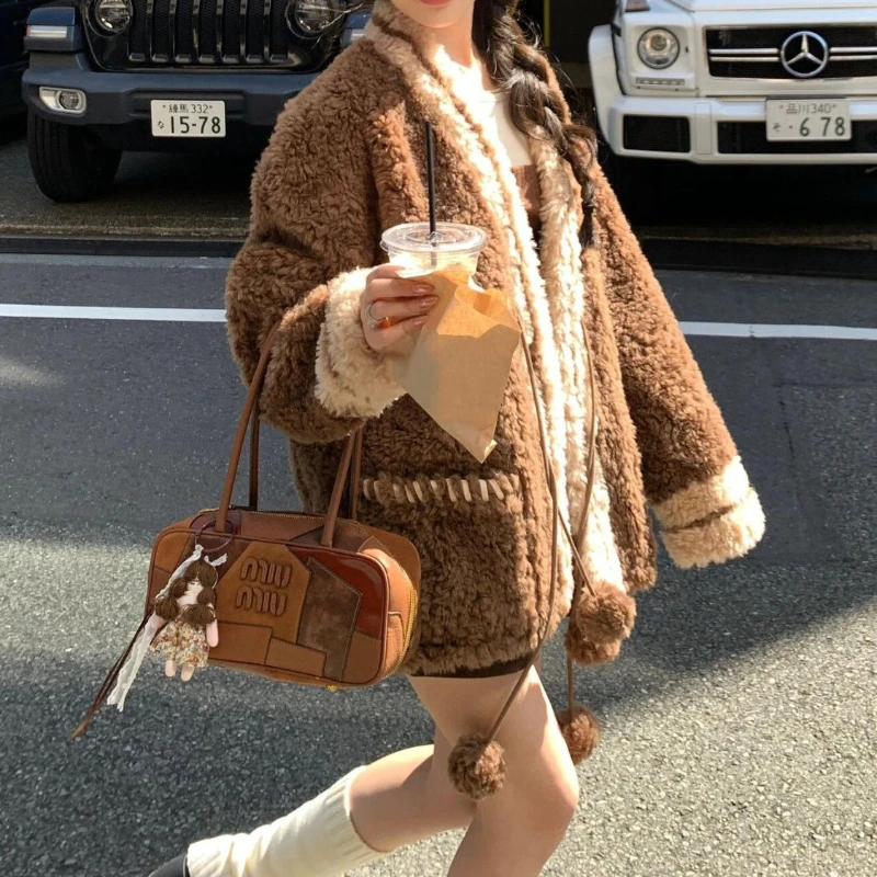 Abrigo grueso de estilo universitario para mujer, nuevo abrigo holgado y perezoso para mujer, Top de otoño e invierno