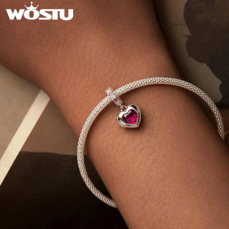 WOSTU 925 Sterling Silver Valentine Gift Openable Red Heart Charms Love Pendant Key Bead Fit Bracelet Necklace DIY Jewelry Gift