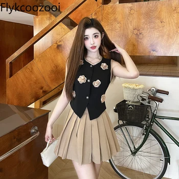 Gilet senza maniche fiore tridimensionale + Set gonna a pieghe cina continentale Conjunto De Dos Piezas De Moda Para Mujer