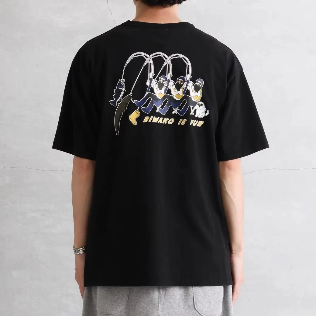Japanese Trendy Brand Pure Cotton Men's Summer Casual Back Fishing Printed Short-sleeved T-shirt Niche Outdoor Comfortable Top