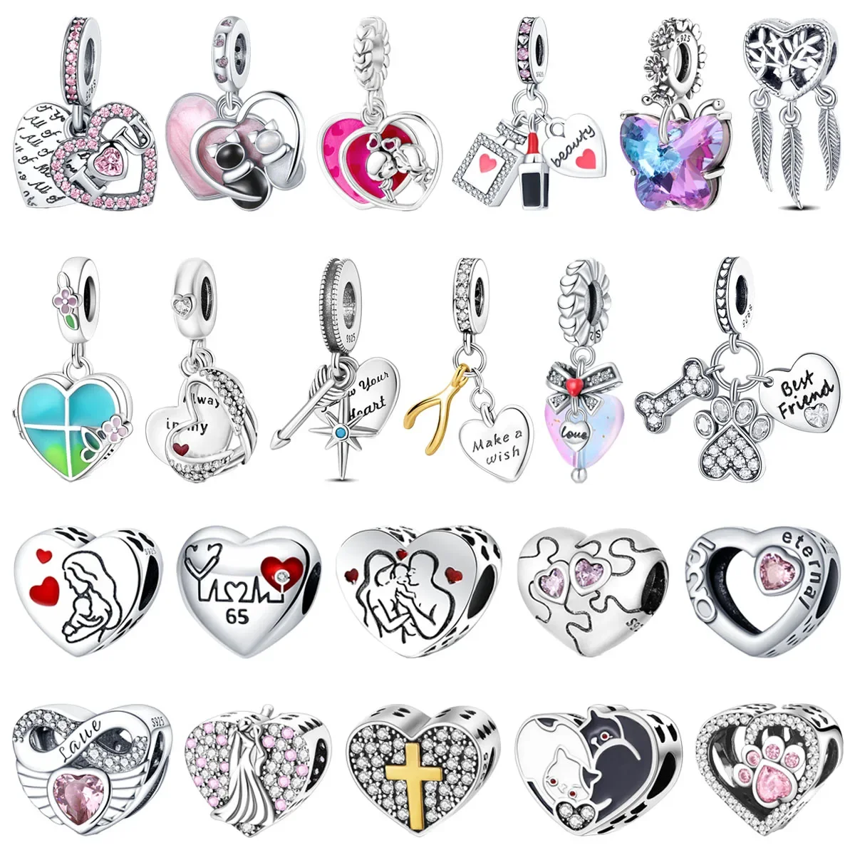 Original 925 Sterling Silver Animal EKG Flower Heart Cat Beaded Pendant Charm for Pandora DIY Bracelet Ladies Jewelry Gift