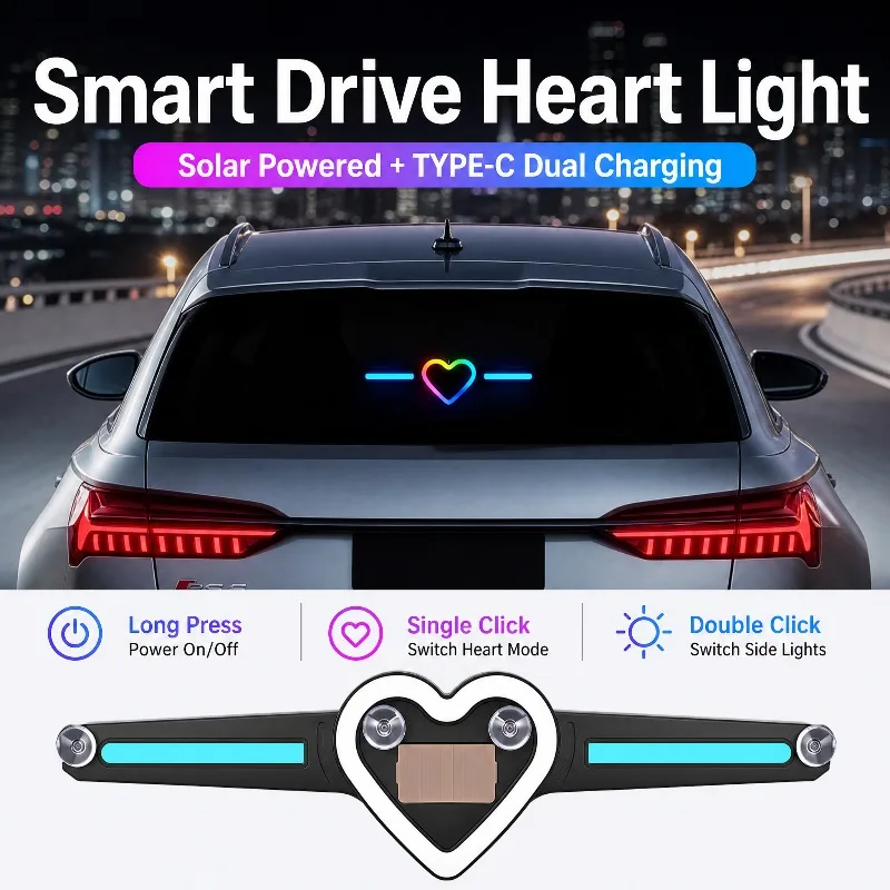 RGB Heart‑Shaped Solar Ambient Light, Simulated Driving Assist Blue Decor Lamp, Car Anti‑Rear‑End Collision Warning Light