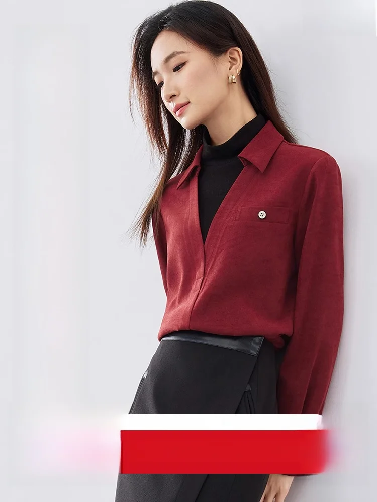 

Pure Color Fake Two-Piece irt Women Winter New Sle Elegance Semi-High Collar oulder-Length Sve Hooded OL Long Sve...