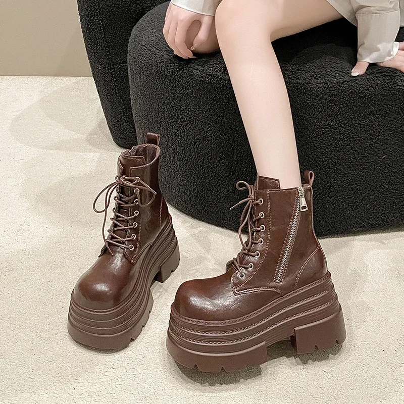 10CM Women Boots New Winter Motorcycle Boots Wedge Heels High Platform Leather Chunky Shoes Woman Autumn Thick Sole Punk Boots