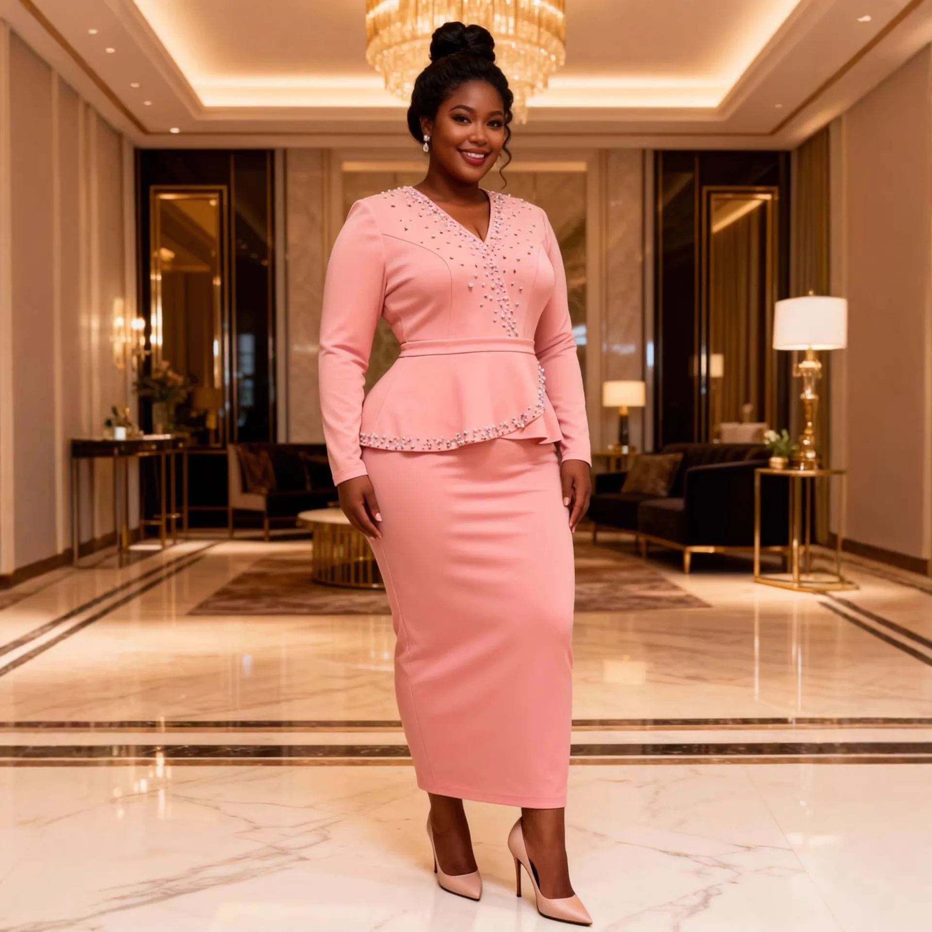 Abito Maxi Elegante da Donna Plus Size Rosa con Peplum, Scollo a V, Strass e Maniche Lunghe, Vestito Aderente per Feste Africane