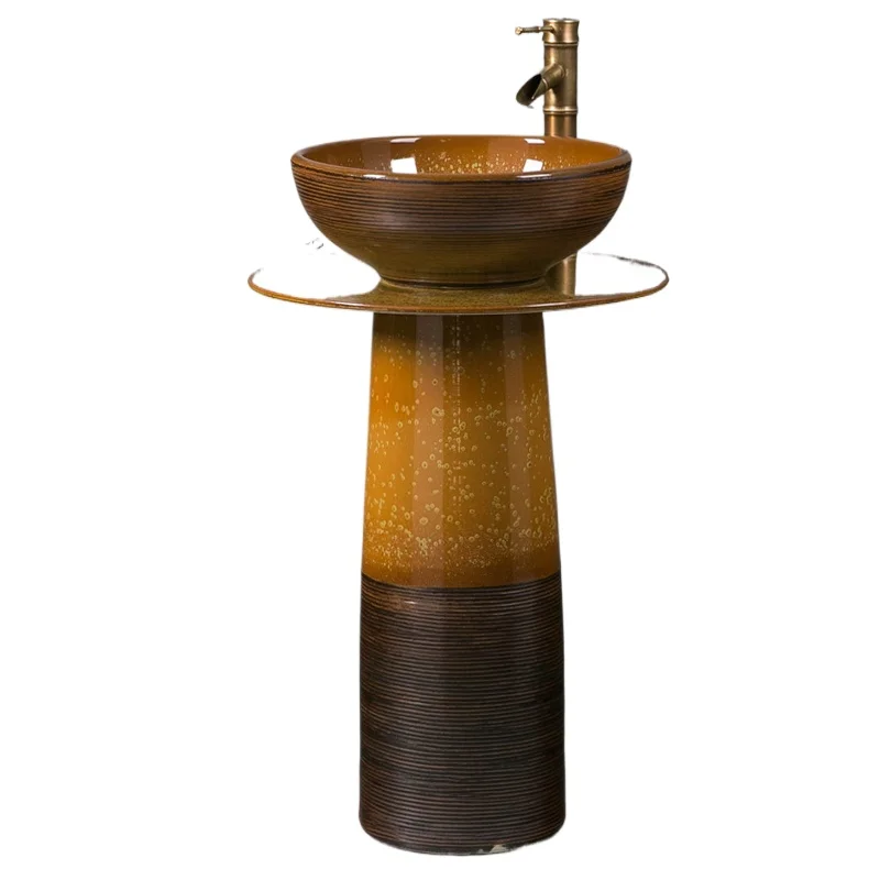 

Retro kiln glazed yellow column floor-standing integrated washbasin outdoor balcony washbasin