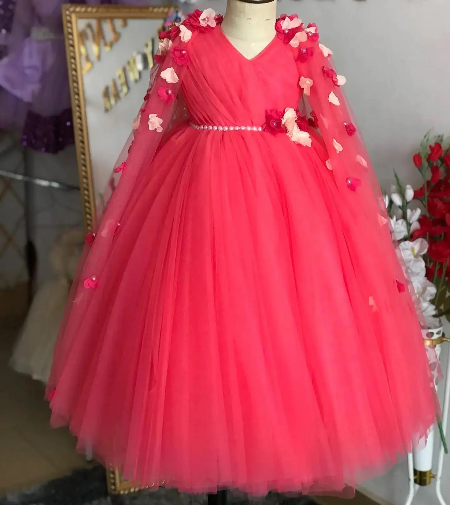 Watermelon Red Flower Girl Dresses With Cape Floral Pearls Girls Birthday Gowns Floor Length First Communion Dress Photography