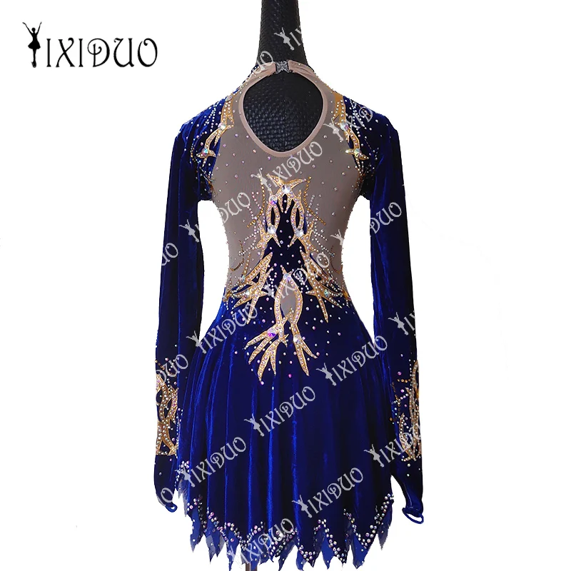 Royal Blue Ice Figure Skating Dress With Handmade Crystal Rhinestone For Women Girls Long Sleeve Competition Performance Wear