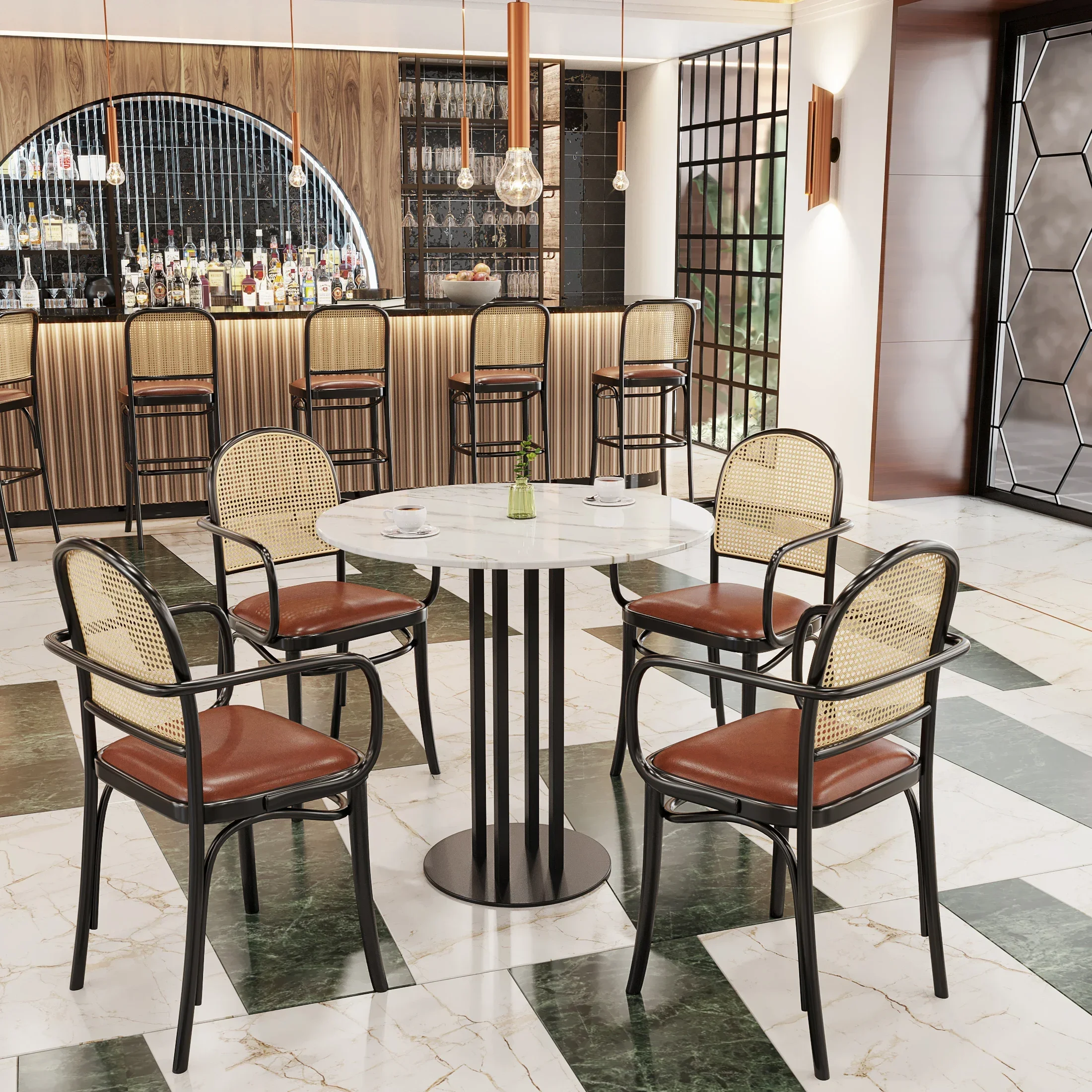 

'Newest Light Luxury Round Iron Frame Rattan Chairs Modern High Rattan Bar Stool Chair