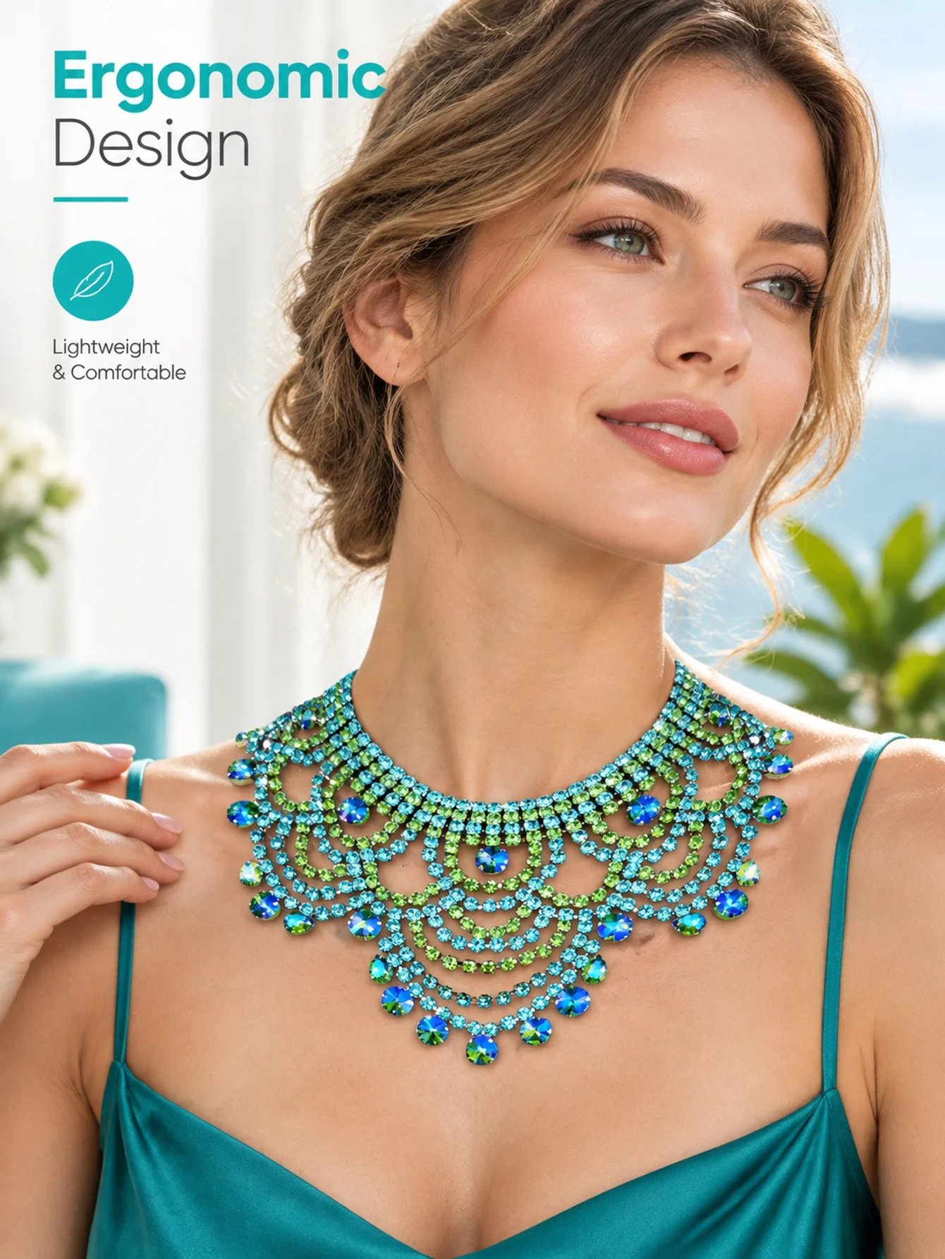 Magische Smaragd-Halskette für Damen, große Größe, Hochzeitsschmuck, Brautparty, Modenschau, nationale Kleidungskombinationen, Accessoire – Detail 2