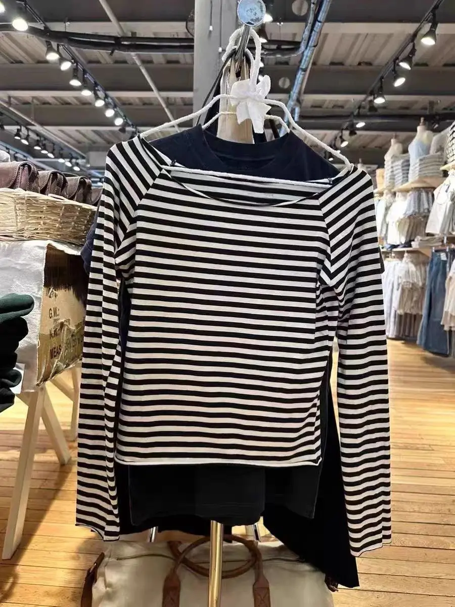 Black And White Striped T-shirts Women Off The Shoulder Slim Curled Long Sleeve T-shirt Spring Autumn Bottoming Tops Y2K Fashion