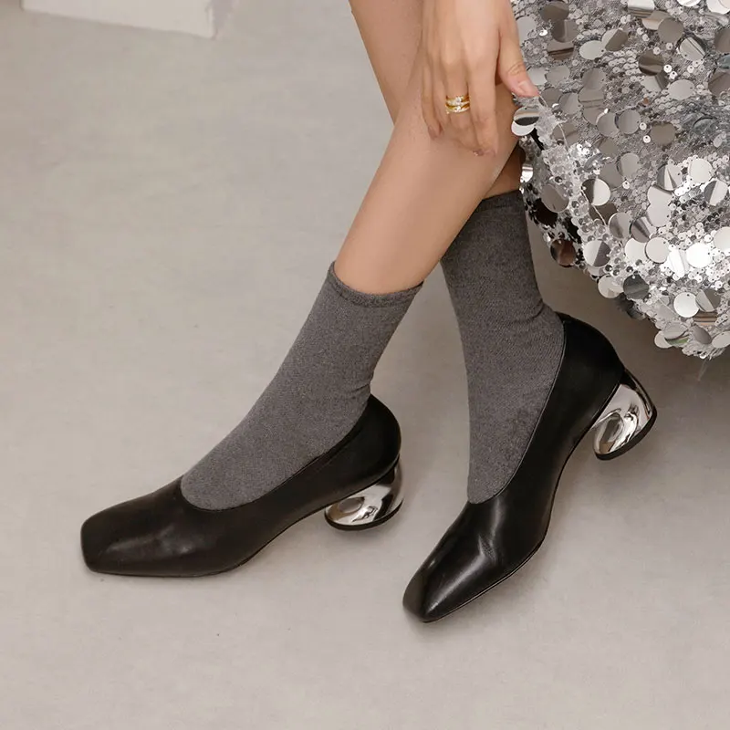 New Spring Square toe Strange Style Shallow Belt buckle Genuine Leather Slip On Strange heel Closed toe Pumps