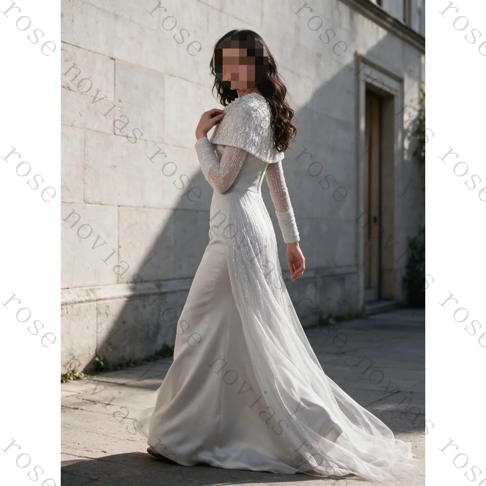 Customized Bohemian Deep V-neck Long Sleeved Lace Wedding Dresses A-line Chiffon High Waisted Bridal Gown Suitable for Gardens