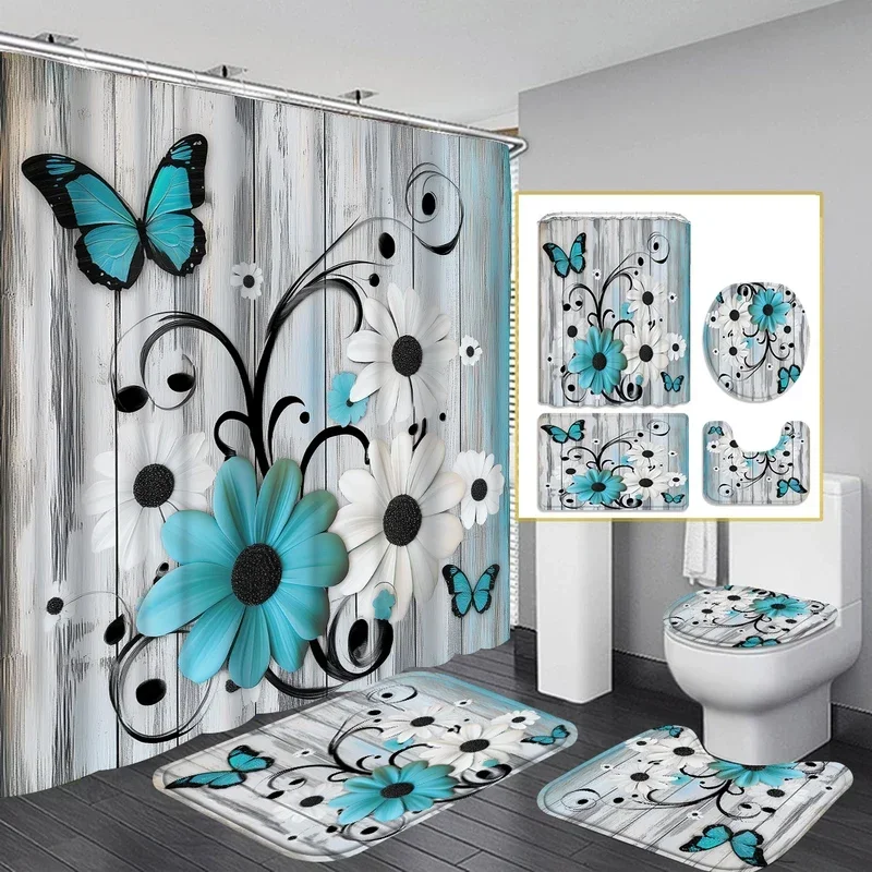 1/4pc butterfly flower pattern plant shower curtain set,waterproof shower curtain and waterproof non-slip carpet,12free hooks