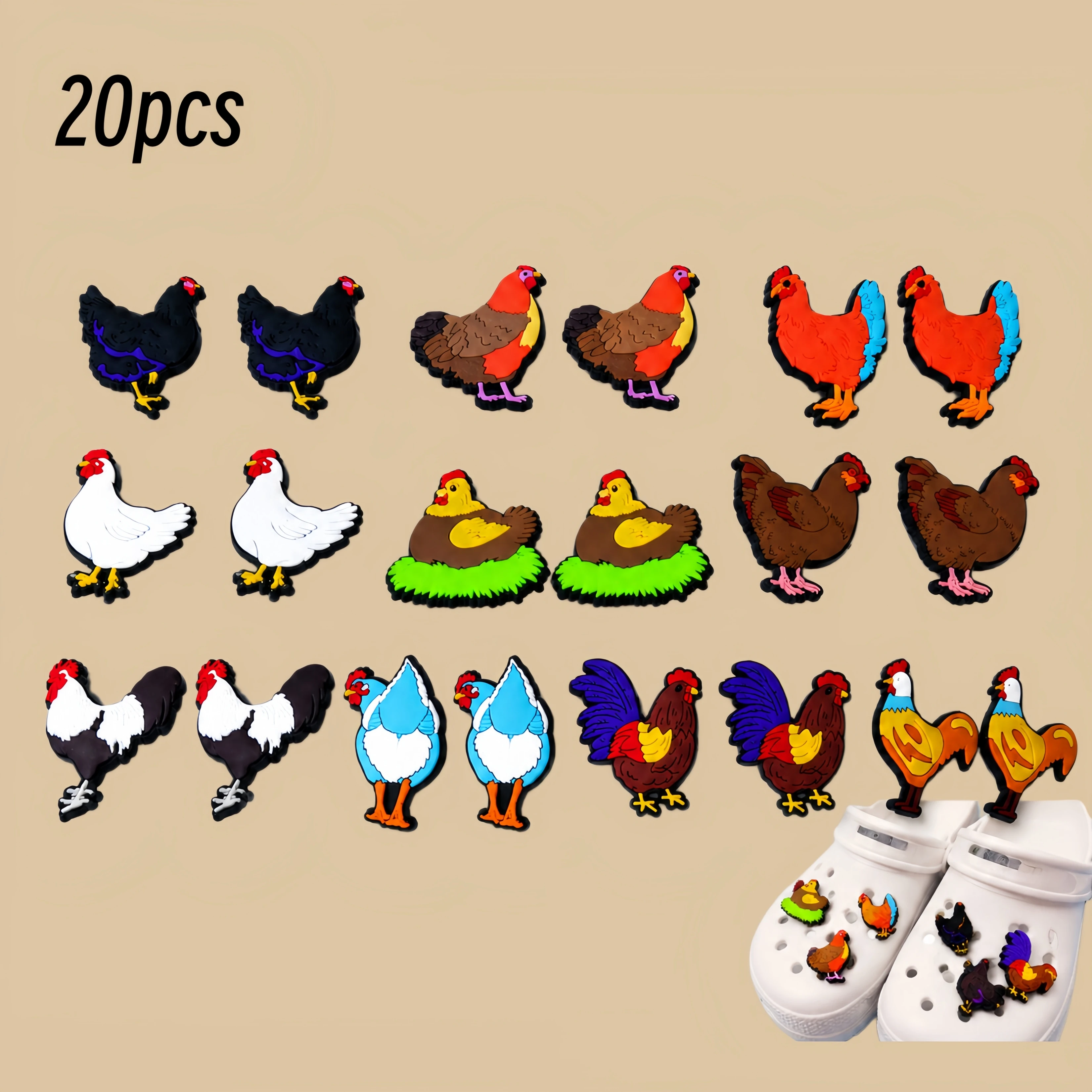 20-Pack Pet Chicken Croc Charms - Detachable PVC Shoe Decor for Sandals & Beach Bags - DIY Cute Accessories