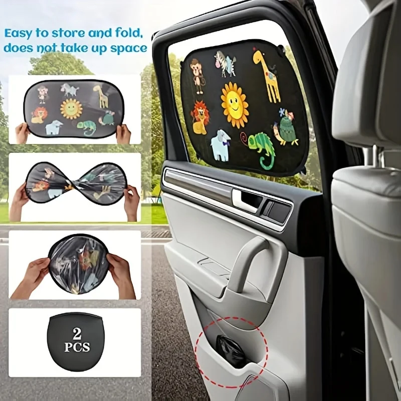 2-Piece Cartoon Animal Car Sun Shade – 20×12 in, UV-Resistant Black PVC with 8 Strong Suction Cups (Self-Adhesive Backing)