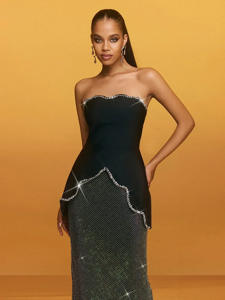 VC High-End Dinner Glamour Black-Diamond Strapless Backless Two-Piece Maxi Dress Fashion Party Galas Evening Gown