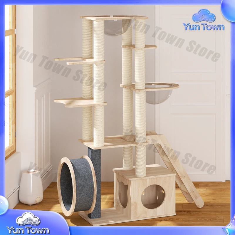 Cat Tree House Solid Wood Cat Climbing Tree Tower Running Wheel Furniture Indoor with Treadmill