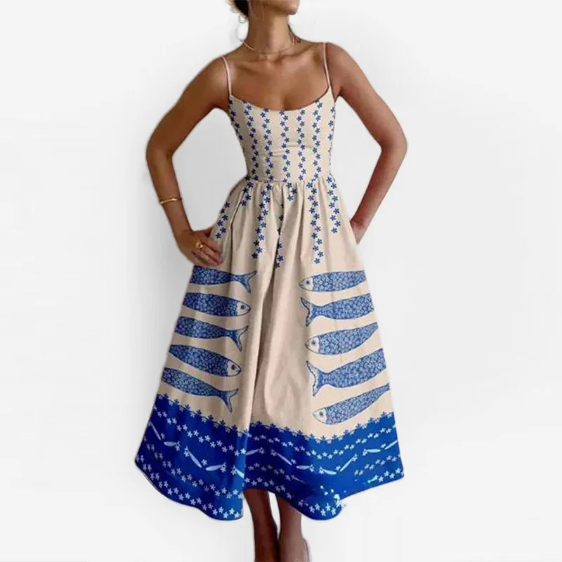 

Women's Casual Vintage A-Line Midi Dress With Sardine Print Spaghetti Strap High Waist Elegant Daily Street Party Trendy Outfit