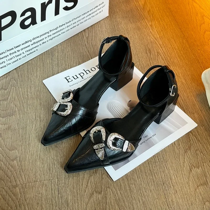 

Buckle Women Pointed Toe High Heels Shoes Woman Sexy Sandals Summer 2025 Trend Designer Elegant Dress Pumps Shallow Sandalias