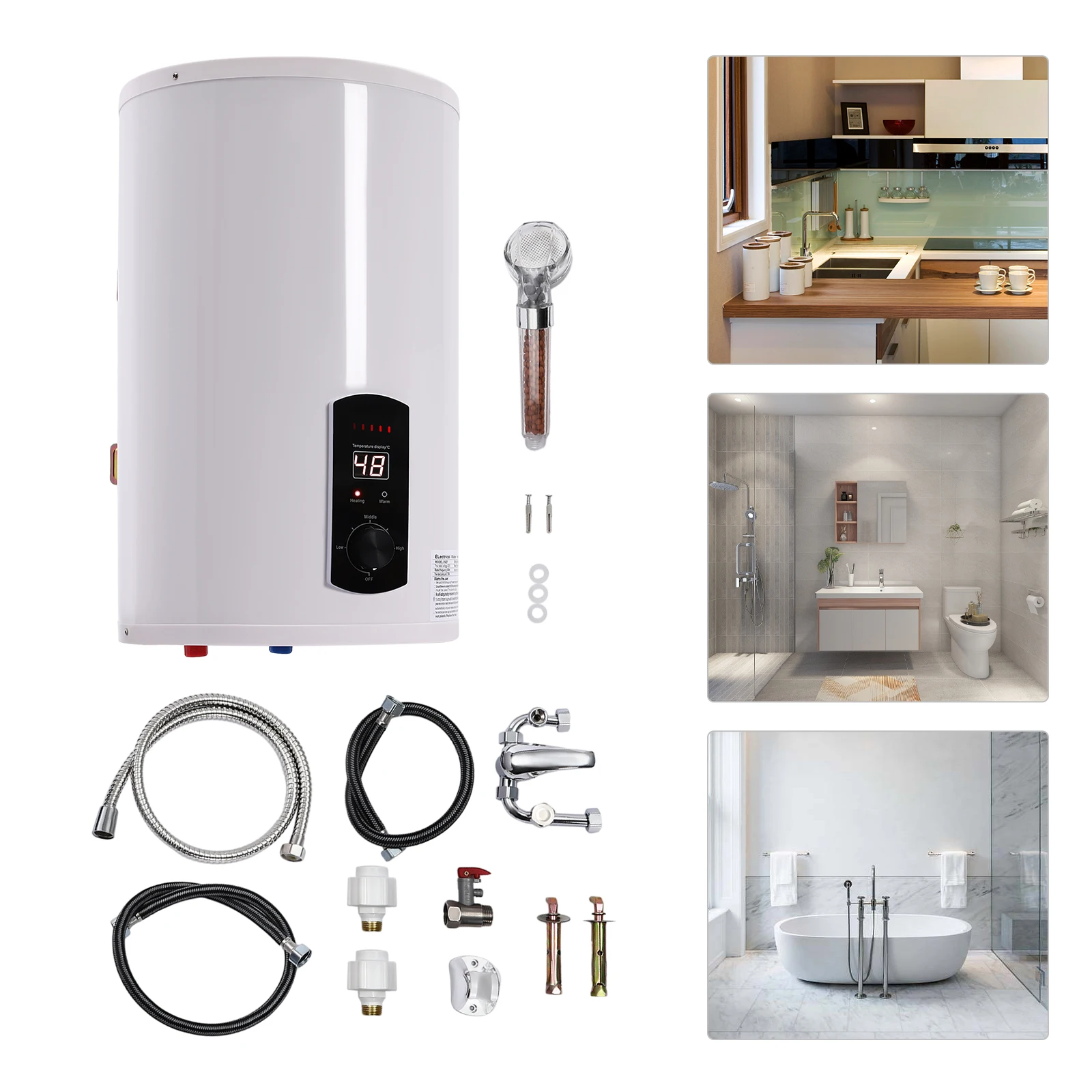 220V 2000W 30L/6.6 Gal Electric Water Heater with Hand Shower Faucet Leakage Protector Kitchen Shower Water Heater