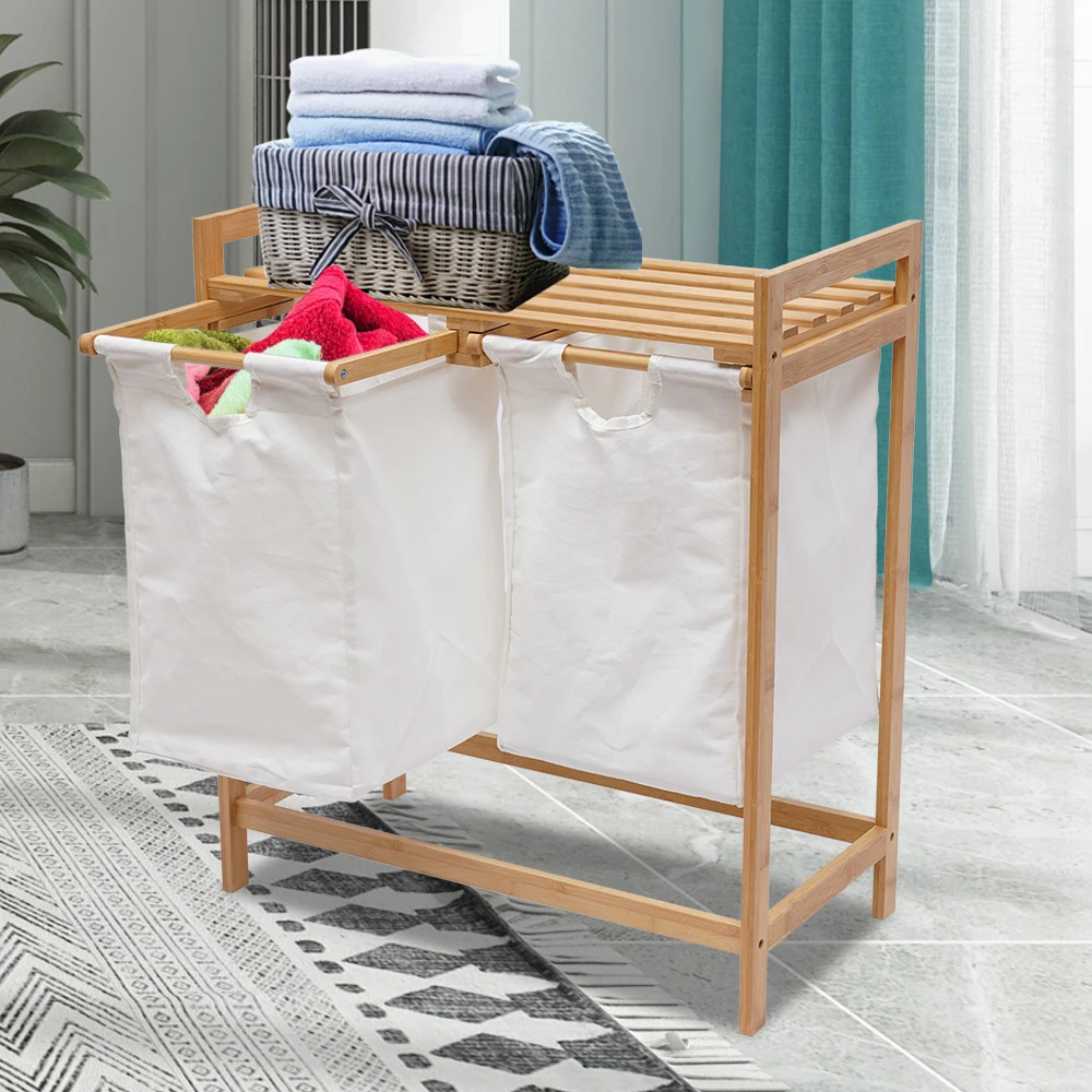

110.23lbs Large Capacity Bamboo Freestanding Laundry Organizer with 2 Pull-Out and Removable Bags for Families, Living Rooms