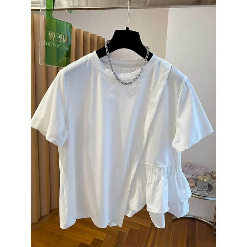 O-neck T-shirts Women 2026 Summer Sale Aesthetic Vintage Pleated Irregular Tops Casual Short Sleeve Korean Style Women Clothing