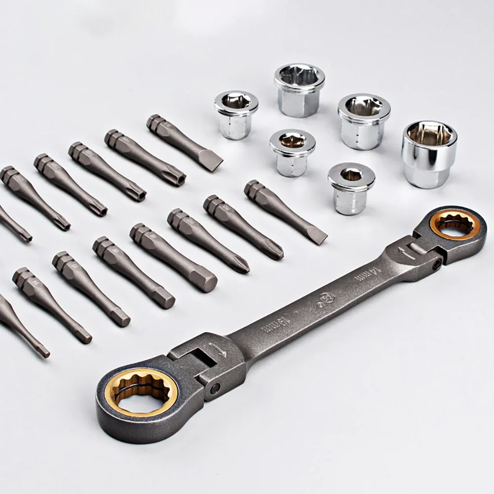 23pcs Multifunctional Ratchet Spanner Set Flexible Head Double Box Wrench Socket Screwdriver Bits Auto Repairing Tool