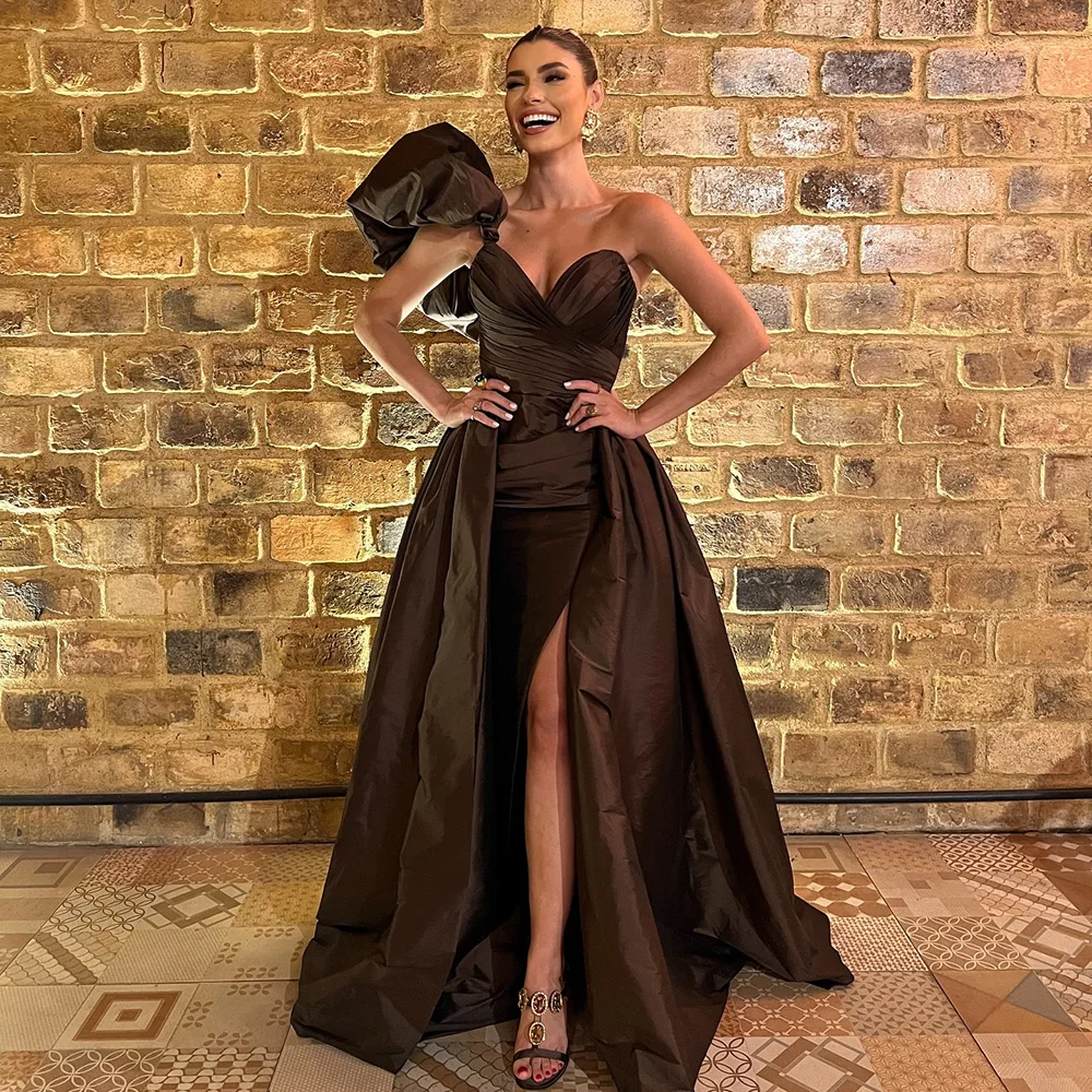 Customized Brown Taffeta Prom Dresses One Shoulder A-Line Side Split Evening Gowns Pleated Ruched Formal Party Dress vestido de