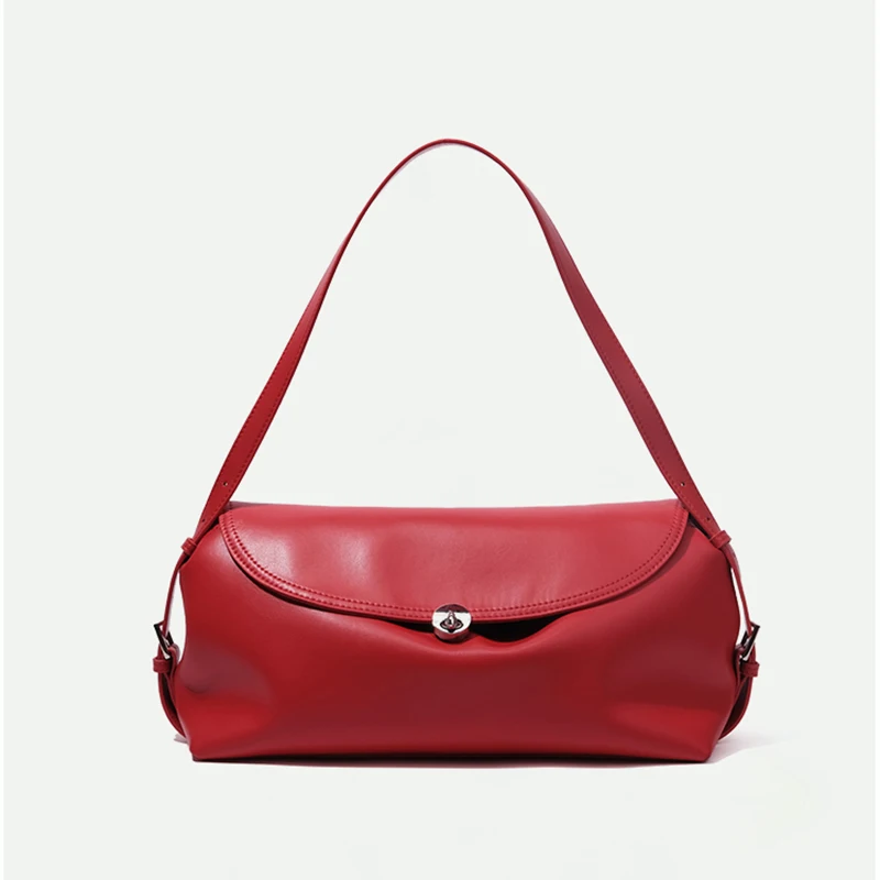 

Genuine leather red tote bag 2025 new niche design top layer cowhide large capacity relaxed fashion vintage women's shoulder bag
